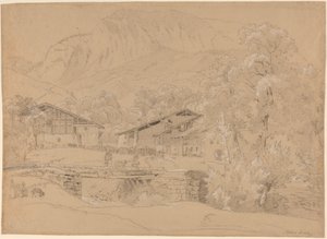 An Alpine Village in Summertime (svart krita och grafit förstärkt med vit krita på brunt papper) av Jean Antoine Linck