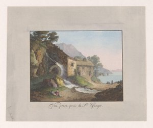 Vattenkvarn på kanten av Genèvesjön Vue pris prés de St Gingo (titel på objekt)