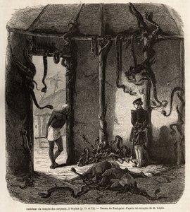 Inuti fetischormarnas tempel, i Wydah, i Dahomey (nuvarande Benin), teckning av Jean Antoine Foulquier (1822-1896), för att illustrera Dr Repins resa till Dahomey 1860. Gravyr i "" Le tour du monde" ”, redigerad av Edouard Charton