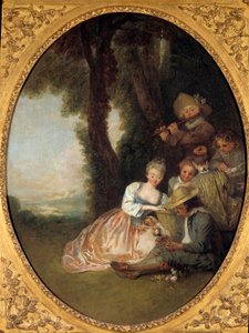 Champetre-konsert eller "" Den förväntade deklarationen"". Ungt förälskat par rodnar. Rokokomålning av Jean Antoine Watteau (1684-1721) av Jean Antoine Watteau