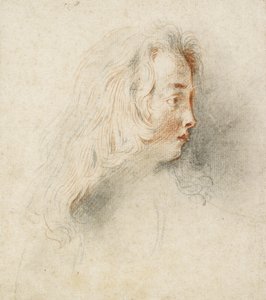 Huvudet av en pojke i profil (svart & röd krita på fläckigt off-white papper) av Jean Antoine Watteau