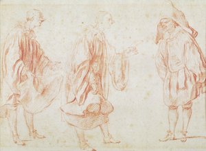 Italienska skådespelare (röd krita på papper) av Jean Antoine Watteau