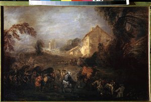Krigets börda. Målning av Jean Antoine Watteau (1684-1721). Olja på koppar, 21,5 x 33,5 cm, ca 1713. Fransk konst, rokokostonst. Eremitagemuseet, Sankt Petersburg. av Jean Antoine Watteau