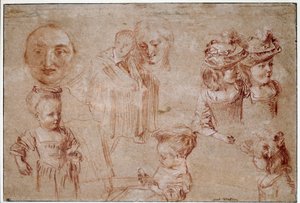 Pierrots mask, fem flickor i byst, en mandrapering och en kvinnas ansikte. Att rita en blod och krita häckar av Jean Antoine Watteau (1684-1721) 1700-talets sön. 0,27x0,4 m Paris, Louvren av Jean Antoine Watteau