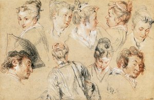 Studie av huvuden, av Jean-Antoine Watteau (1684-1721), teckning av Jean Antoine Watteau