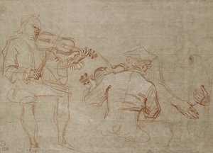 Studie von zwei Geigern und einem Paar Hände, die einen Arm halten