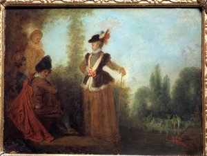 Äventyraren En snygg ung kvinna i resekläder. Målning av Jean Antoine Watteau (1684-1721) Troyes musee des Beaux Arts från 1700-talet av Jean Antoine Watteau