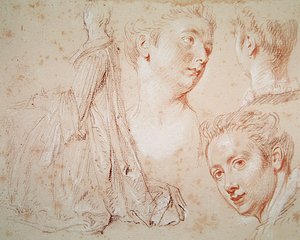 Tre huvuden och en sittande kvinna, ca 1716 (krita med svart och röd krita på papper) av Jean Antoine Watteau