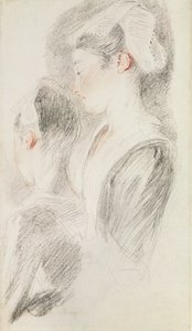 Två studier av en kvinna, tre fjärdedelar bakifrån, en i profil (sangvinisk och svart krita på papper) av Jean Antoine Watteau