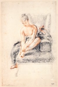 Ung kvinna, naken, med en fot i sina händer, 1716-18.