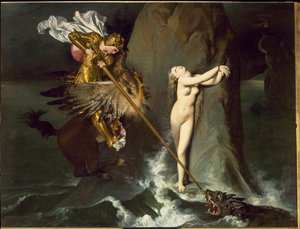 Angelica befrias av Roger (Ruggero, Ruggiero) rider på en flodhäst (från Orlando furioso av Ludovico Ariosto) - olja på duk av Jean Auguste Dominique Ingres