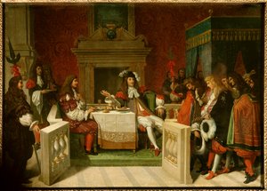 Ludvig XIV och Moliere: Kung Ludvig XIV (1638-1715) och Jean Baptiste Poquelin dit Moliere (1622-1673) vid bordet framför hovmännen. Målning av Jean Auguste Dominique Ingres (1780-1867) av Jean Auguste Dominique Ingres