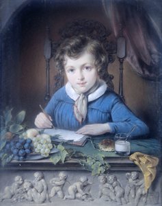 Porträtt av en pojke som sitter i en fönsternisch och bär en blå jacka av Jean Augustin Daiwaille (attributed to)
