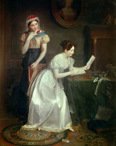 Svaret på brevet En ung kvinna skyndar sig att svara på sin älskares brev - Målning av Jean Augustin (Jean-Augustin) Franquelin (1798-1839) 1800-talet Sön 0,46x0,38 m av Jean Augustin Franquelin
