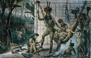 Familj till en indianhövding från Camacan som förbereder sig för en festival, illustration från "Voyage Pittoresque et Historique au Bresil", av Jean-Baptise Debret (1768-1848), publicerad i Paris