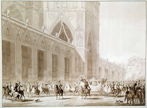 Kejsar Napoleon I (1769-1821) och imponerande Josephine de Beauharnais (1763-1814) i vagn till katedralen Notre Dame de Paris på dagen för det heliga trycket efter "The Book of the Sacred" av Jean Baptiste Isabey ( 1767-1855) 1800-talet