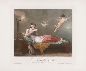 Cupid levererar ett kärleksbrev. 1800-talet (tryck) av Jean Baptiste (after) Mallet