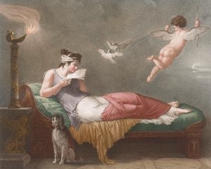 Cupid levererar ett kärleksbrev. 1800-talet (tryck) av Jean Baptiste (after) Mallet