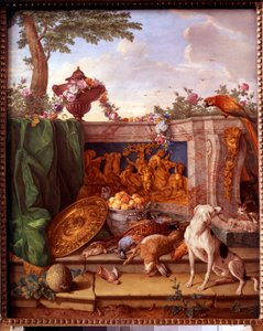Tavla som visar jakterna på Ludvig XVI (1754-1793): detalj som representerar ett vilt som håller hund. Målning på porslin av Philippe Castel (ca 1746-1797) av Jean Baptiste Oudry (1686-1755) 1778-1781 Sön. 0,39x0,49 m Versailles, musee du chateau.