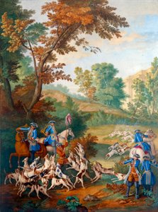 Skylt som visar jakterna på Ludvig XVI (1754-1793): "" den lilla kuren för unga hundar eller forumet i slutet av kuren"" Målning på porslin av Philippe Castel (ca 1746-1797) av Jean Baptiste Oudry ( 1686-1755) 1778-1781 Sön. 0,39x0,49m