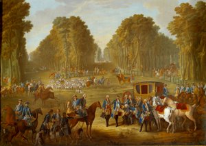 Tavla som visar Ludvig XVI:s jakter: mötet vid korsningen av brunnen du Roi i skogen i Compiegne. Målning på mjukt porslin av Nicolas Pierre Pithou l