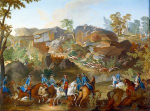 Plåt som representerar Ludvig XVI:s jakt: rådjuren som håller fast vid hundar i Frauchards klippor i skogen i Compiegne. Målning på mjukt porslin av Nicolas Pierre Pithou l