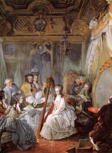Franska: Jean-Baptiste-André Gautier-Dagoty portraiturant la Reine dans sa chambre Marie Antoinette spelar harpa vid det franska hovet