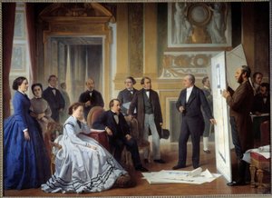 Arkitekten Louis Visconti (1791-1853) presenterar för Napoleon III planen för den nya Louvrenmålningen av Ange Tissier (1814-1876) 1865, olja på duk