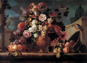 Blommor, frukter och papegojor Målning av Jean Blin (eller Blain eller Belin) från Fontenay (1653-1715) 1700-talets Orleans. Museum of Fine Arts