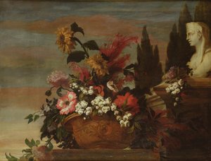 Blommor i en bassäng och en sfinx