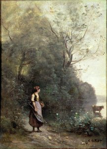 En bondkvinna som betar en ko i kanten av en skog, ca 1865-70 av Jean Baptiste Camille Corot