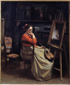 En fundersam ung kvinna, en mandolin i handen, i målarens ateljé Målning av Camille Corot (1796-1875) 1865 Sön. 0,56x0,46 m Paris, Musee d