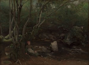 Lormes: Get-Girl som sitter bredvid en bäck i en skog av Jean-Baptiste-Camille Corot