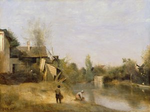 Flodstrand vid Mery sur Seine, Aube, ca 1870 av Jean Baptiste Camille Corot