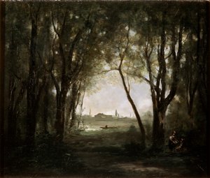Scen nära en sjö, 1860-1873. av Jean-Baptiste-Camille Corot