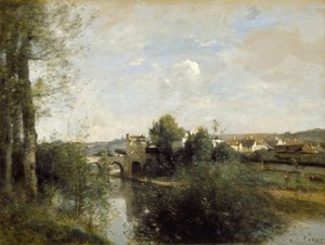 Seine och den gamla bron i Limay av Jean Baptiste Camille Corot
