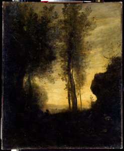 Sittande get som spelar flöjt i en glänta. Målning av Camille Corot (1796-1875)