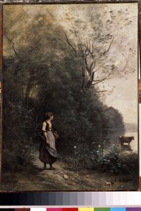 ""En herdinna och hennes hjord av kor i kanten av en skog"" (Herdinna med en ko i kanten av skogen) Målning av Camille Corot (1796-1875) 1865-1870 Mått 47,5x35 cm Museum of l eremitage , Sankt Petersburg av Jean-Baptiste-Camille Corot