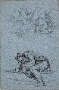 Sittande figur med huvudet i händerna och två karikatyrer (recto); Fyra figurer i en lunett (verso) av Jean Baptiste Carpeaux