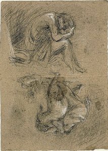 Skisser: Sittande man med huvudet i händerna och två figurer som böjer sig mot andra i bakgrunden (recto); Liggande kvinna (tergo) av Jean Baptiste Carpeaux