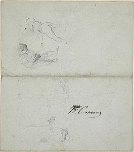 Skisser av två barn, båtar till havs (recto); Skisser av gående manlig figur med stav och kustscen (verso) av Jean Baptiste Carpeaux