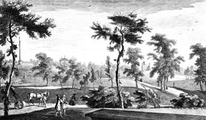 En utsikt från det grekiska templet till Lord Cobhams pelare, Stowe House Gardens, graverad av George Bickham, 1753