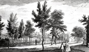 En udsigt over Elysian Fields fra Helicon Spring, Stowe House Gardens, indgraveret af George Bickham, 1753 swed