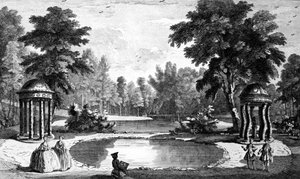 En vy av grottan och två skal-tempel, Stowe House Gardens, graverad av George Bickham, 1753