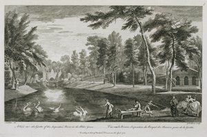 En utsikt över grottan av Serpentine River i Alder Grove vid Stowe, 1753, graverad av George Bickham
