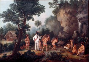 Slaveri; ""slavjakt""" indiska familjer (från Brasilien?) tas av slavhandlare. Målning av Jean Baptiste Debret (1768-1848). Olja på duk. Museum of Sao Paulo, Brasilien.