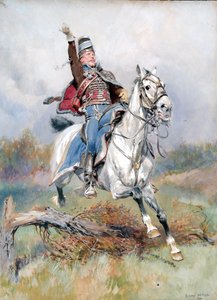 En fransk kavallerist till häst, 1900 (wc & gouache på papper) av Jean Baptiste Edouard Detaille