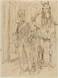 En fransk husar som leder en häst av Jean-Baptiste Edouard Detaille