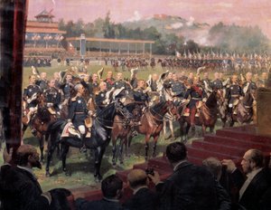 Utdelning av flaggor i Longchamp av president Jules Grevy i närvaro av Leon Gambetta den 14 juli av Jean-Baptiste Edouard Detaille