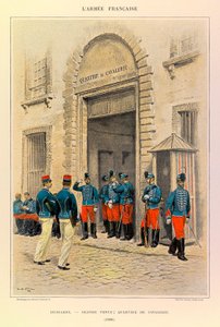 Typer och uniformer av kapten Jules Richards franska armé, illustrerad av Edouard Detaille (1848-1912): Husarder i stor klädsel; Kavalleridistriktet 1886, Privat samling av Jean-Baptiste Edouard Detaille